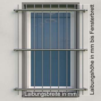 Fenstergitter aus Edelstahl Rundrohr ø 26,9 mm, Befestigung vor der Fenster-Laibung. Höhe 500 - 900 mm / 2 Gurte